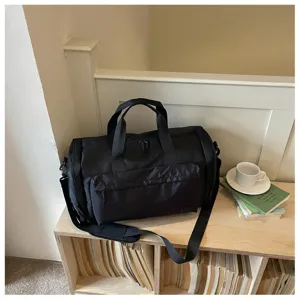 Waterproof travel duffel bag detail, large capacity gym bag with wet dry separation for sports.