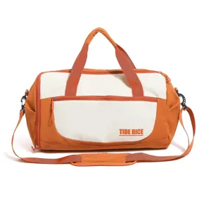 Orange white canvas travel duffel bag large capacity sports gym bag with adjustable shoulder strap