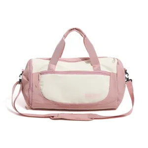 Pink and white travel duffel bag with large capacity, gym sports bag with shoulder strap.