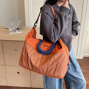 Large capacity expandable travel duffel bag orange plaid gym sports luggage handbag for men women