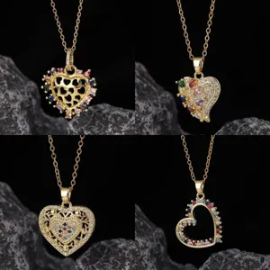 Luxus Vergoldete Kupfer Herz Anhänger Halskette Trendige Bunte Strass O-Kette Choker Schlüsselbein Kette Schmuck Für Damen Täglich