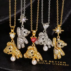 Moda Cobre Diamante de Imitación Oso Colgante Collar Para Mujeres Lujo Brillante Animal Clavícula Cadena Joyería Regalo Diario Fiesta Uso Diario