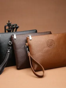 Pochette décontractée en cuir PU pour hommes portefeuille de poignet grande capacité couleur unie résistant à l'usure fermeture éclair