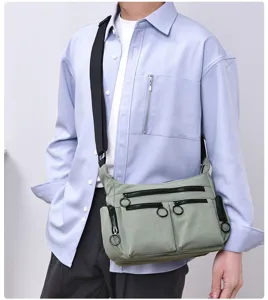 Detail view of the multi-pocket commuter crossbody bag with durable zippers and straps.