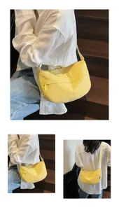Λεπτομερής κοντινή λήψη της casual κίτρινης τσάντας ώμου με ρυθμιζόμενο λουράκι και φερμουάρ.