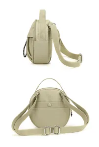 Sac bandoulière rond en nylon élégant avec sangles réglables et poignée supérieure.
