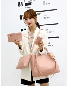 Stijlvolle roze damestas 4-delige set met grote shopper tas en handige portemonnee.