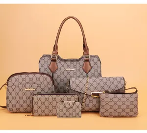 Vue détaillée de l'ensemble de sacs à main 6 pièces pour femmes avec motif vintage.