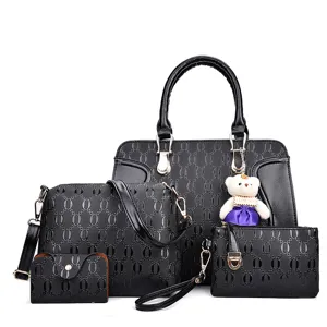 Ensemble de Sacs Assortis en Cuir PU Gaufré de Mode pour Femmes Sac à Épaule Minimaliste Urbain Sac Bandoulière Portefeuille Avec Pendentif Ours