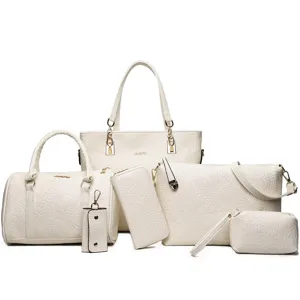 Women's white floral embossed leather handbag set 6-piece tote shoulder bag wallet stylish