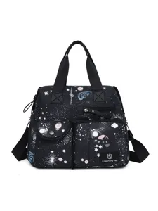 Sac cabas en toile à imprimé galaxie noire, grand sac bandoulière étanche de grande capacité.