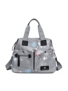 Sac à langer multifonctionnel pour maman, grand cabas gris avec joli imprimé spatial.