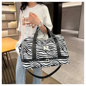 Bolso de viaje a rayas de gran capacidad con compartimento para zapatos ligero para mujer