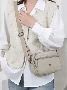 Casual nylon schoudertas voor dames, effenkleurige, meerlaagse crossbody tas, lichtgewicht.