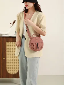Sac Bandoulière Rond en Nylon Imperméable Léger pour Femmes Décontracté Japonais Coréen Froncé à Cordon Surpiqûres Sac à Main