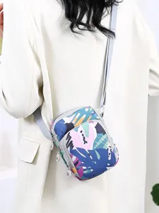 Sac Bandoulière Décontracté pour Femmes en Nylon Oxford Imprimé Fleuri Lettres Poches Zippées Multiples Messenger Voyage Vertical Pochette Téléphone Mini Carré