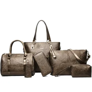 Metallic bronze rose embossed women six piece handbag set shoulder tote crossbody bags