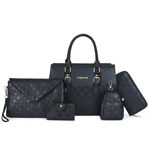 5-teiliges Damen Handtaschen Set schwarzes geprägtes PU Leder schicke Umhängetasche Shopper