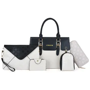Elegantes 5-teiliges Damen Handtaschen Set Schwarz Weiß PU Leder Shopper Umhängetasche