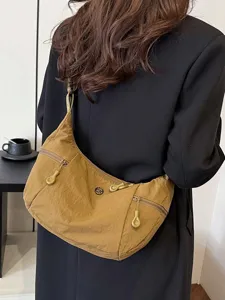 Stylish νυλον τσάντα χιαστί μισοφέγγαρο για γυναίκες, casual τσάντα ώμου με φερμουάρ.