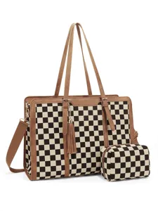 Stylish black and white checkered tote bag set with brown leather trim and matching pouch.