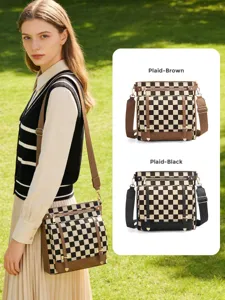 Retro checkered women crossbody bag casual minimalist shoulder messenger bag brown black