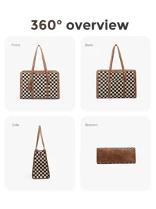 Detailed multi-angle view of a stylish black and white checkered tote shoulder bag.
