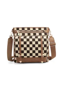 Retro plaid crossbody bag detail showing zipper pocket, leather trim, and adjustable strap.
