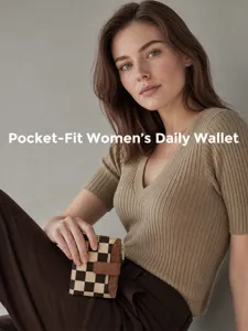 Portafoglio da donna compatto con elegante motivo a quadretti per l'uso quotidiano pratico