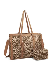 Leopard print tote bag set with shoulder strap and matching cosmetic pouch for women.