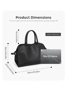 Black large capacity handbag tote bag dimension detail showing height width and handle drop info.