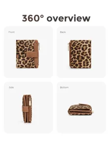Portafoglio corto da donna fantasia leopardata, scomparti carte, portamonete con zip e bottone.