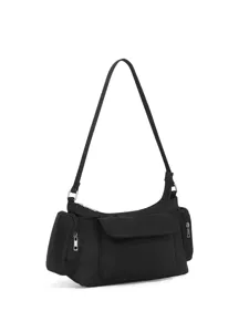 Nylon multi-pocket shoulder bag detail, black hobo design with zipper and handy side pockets.