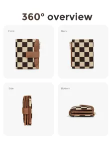 Portafoglio pieghevole a quadri da donna con scomparti per carte e chiusura a pressione.