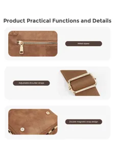 Brown faux leather crossbody shoulder bag detail view with metal zipper and adjustable straps