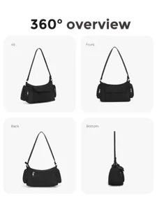Detailed view of black nylon hobo shoulder bag featuring practical multi-pockets.