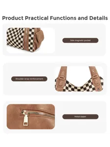 Borsa a tracolla a quadri da donna vista dettagliata con tasca magnetica e zip in metallo.