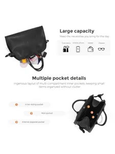 Large capacity black tote bag for women, stylish commuter handbag with multiple inner pockets.