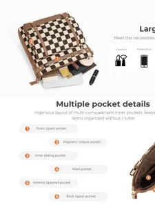 Detailed view of the multi-compartment crossbody bag showing organized storage pockets.