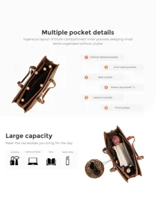 Large capacity multi-pocket tote bag stylish brown shoulder handbag for women daily commute.