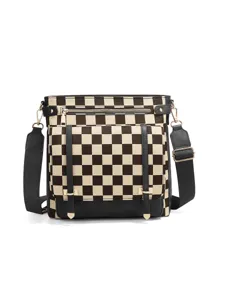 Retro checkered canvas messenger bag for women, casual crossbody shoulder bag with black trim.