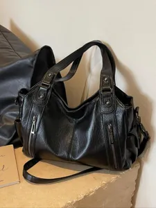 Elegante borsa a tracolla classica in ecopelle PU nera da donna, comoda e spaziosa con tasche zip.