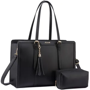 Close-up of black PU leather tote bag details, featuring gold hardware, zipper, and tassel charm.