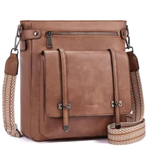Brown PU leather shoulder bag detail showing front flap pocket, metal zippers and patterned strap.