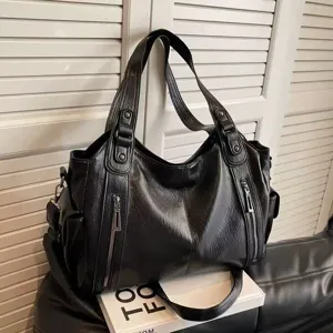 Borsa a tracolla da donna in pelle PU nera borsa tote casual con tasche multiple e cerniere