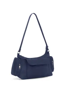 Detail view of a navy blue nylon hobo shoulder bag with multiple functional exterior pockets.