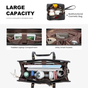 Large capacity black tote bag detail showing multi-compartment interior and laptop sleeve.