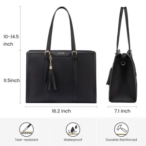 Black PU leather tote bag with laptop compartment, waterproof and durable for daily work.
