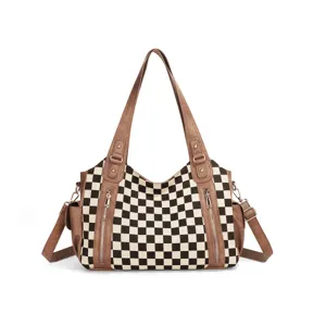 Borsa a Tracolla da Donna in Tela di Poliestere a Quadri Borsa a Tracolla di Grande Capacità Borsa a Mano Multifunzionale Borsa da Viaggio Tote per Donna Stile Casual