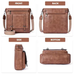 Detailed view of women brown PU leather crossbody bag multi-angle display strap pocket design